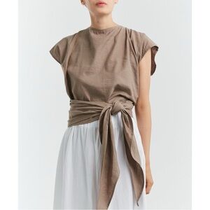 Miranda Bennett Studio Hassinger Brown Gray Linen Cotton Blend Wrap Top